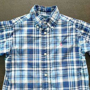 RALPH LAUREN 2T button down short sleeve blue & white plaid shirt toddler kids